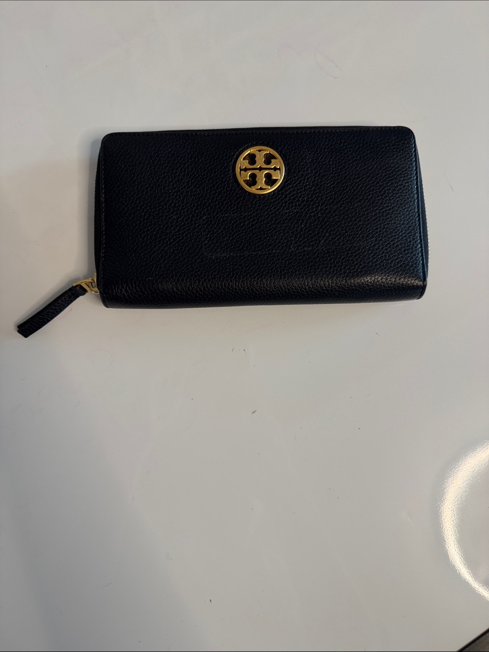 Tory Burch Black Leather Zip Wallet with Gold Logo